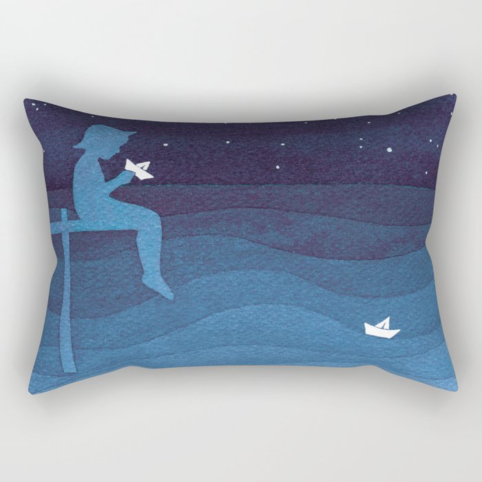 Boy with paper boats, blue Rectangular Pillow Gallery Image 1