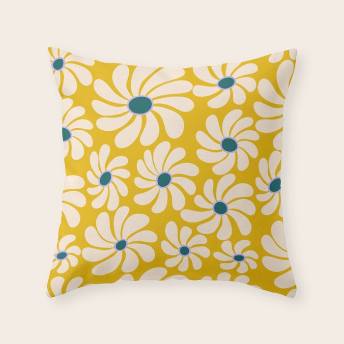 Retro Super Bloom - 70's Vibe - Yellow Throw Pillow Gallery Image 1