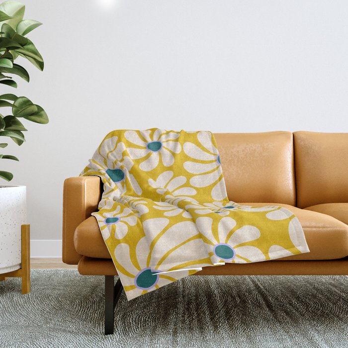 Retro Super Bloom - 70's Vibe - Yellow Throw Blanket Gallery Image 1