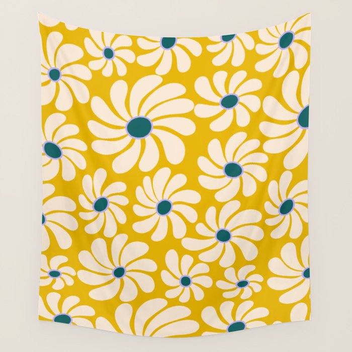 Retro Super Bloom - 70's Vibe - Yellow Wall Tapestry Gallery Image 1