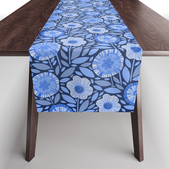 Folk Floral Blossoms in Midnight Blue Table Runner Gallery Image 1