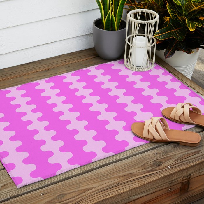 Vivid Pink Ogee A-Go-Go Retro Pop Abstract Wavy Stripe Pattern Outdoor Rug Gallery Image 2