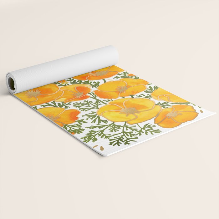 Gold watercolor California poppies Yoga Mat Gallery Image 2