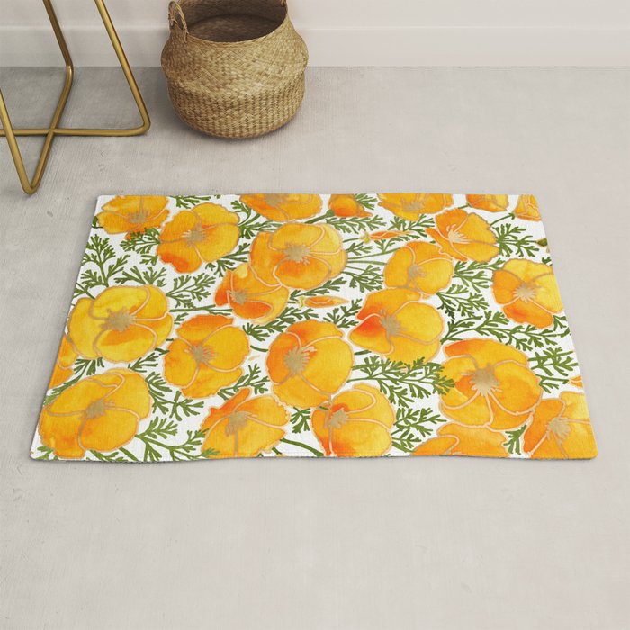 Gold watercolor California poppies Rug Gallery Image 1