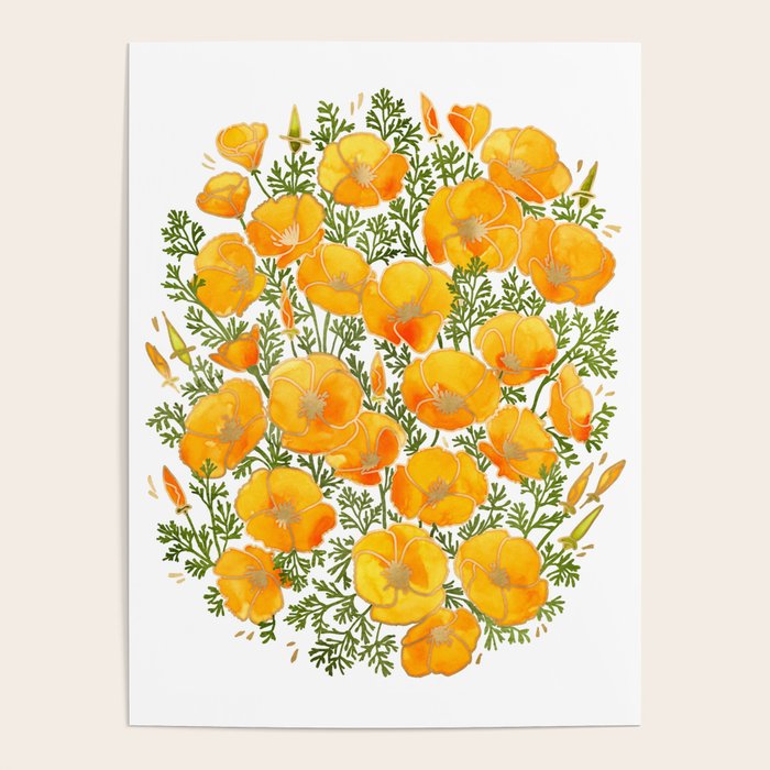 Gold watercolor California poppies Poster Gallery Image 4