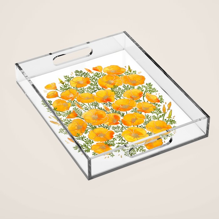 Gold watercolor California poppies Acrylic Tray Gallery Image 1