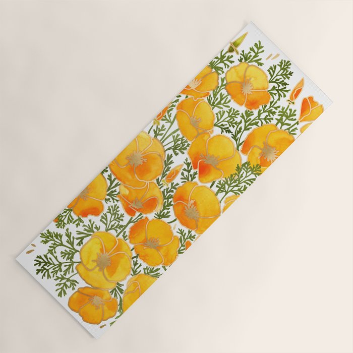 Gold watercolor California poppies Yoga Mat Gallery Image 1