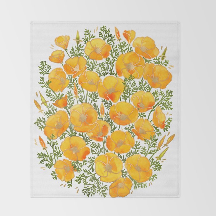 Gold watercolor California poppies Throw Blanket Gallery Image 2