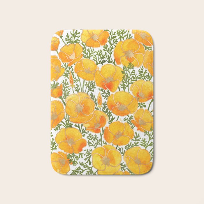 Gold watercolor California poppies Bath Mat Gallery Image 1