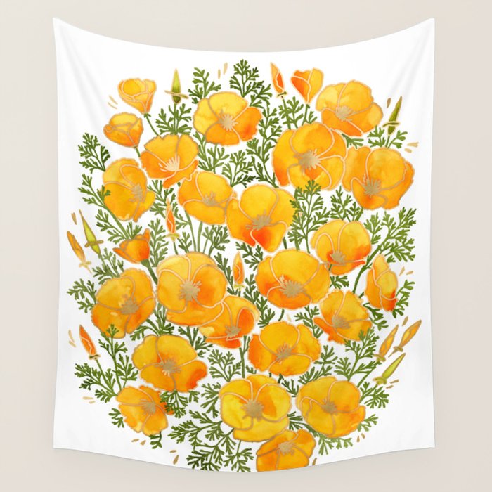 Gold watercolor California poppies Wall Tapestry Gallery Image 4