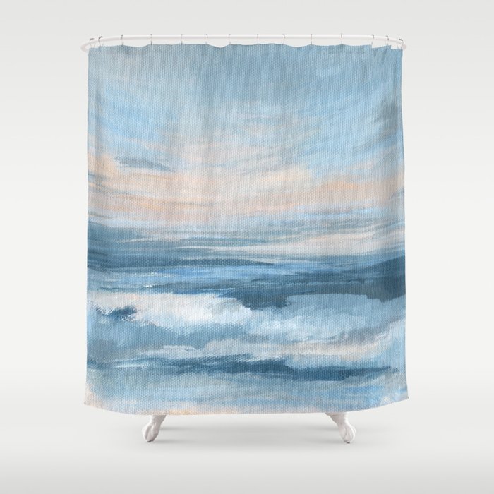 Low Tide - Blue & Coral Abstract Coastal Seascape Shower Curtain Gallery Image 1