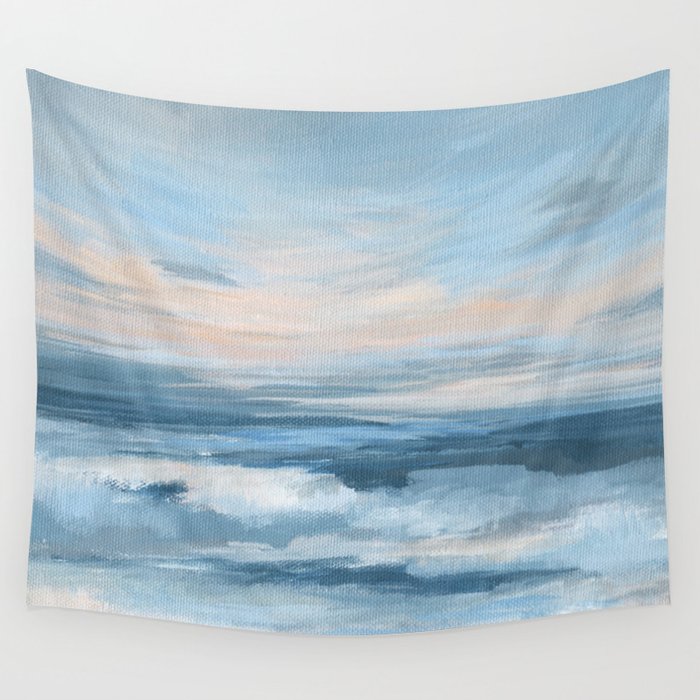 Low Tide - Blue & Coral Abstract Coastal Seascape Wall Tapestry Gallery Image 4