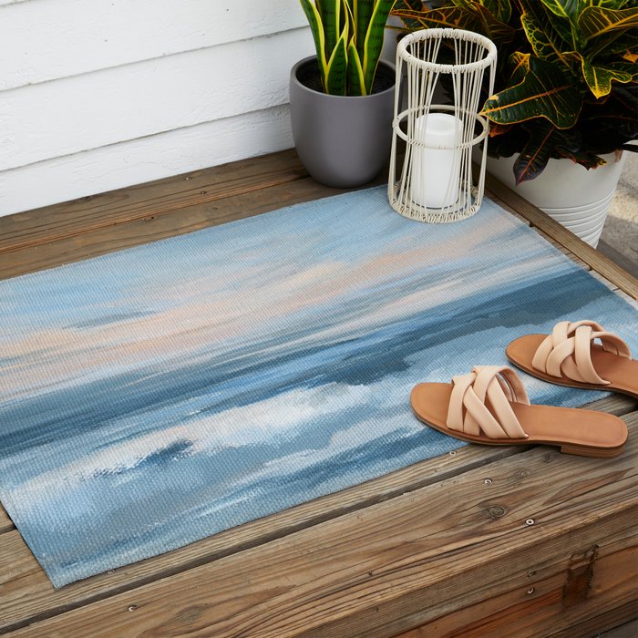Low Tide - Blue & Coral Abstract Coastal Seascape Outdoor Rug Gallery Image 2