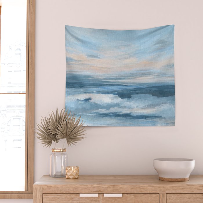 Low Tide - Blue & Coral Abstract Coastal Seascape Wall Tapestry Gallery Image 2