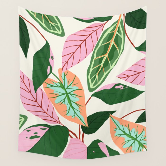 The Inseparable V.01, Nature Botanical Plants, Blush Leaves Modern Boho, Pastel Illustration Garden Wall Tapestry Gallery Image 4