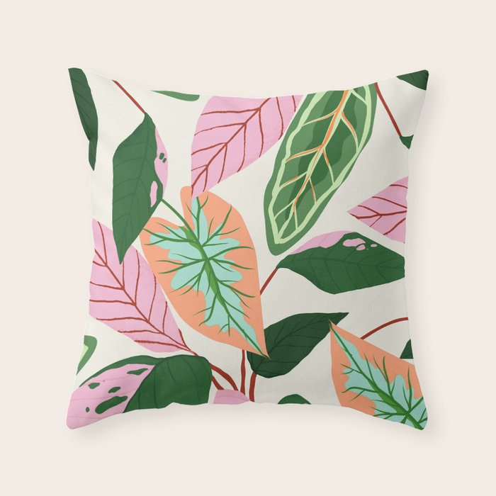 The Inseparable V.01, Nature Botanical Plants, Blush Leaves Modern Boho, Pastel Illustration Garden Throw Pillow Gallery Image 1