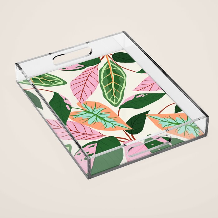 The Inseparable V.01, Nature Botanical Plants, Blush Leaves Modern Boho, Pastel Illustration Garden Acrylic Tray Gallery Image 1