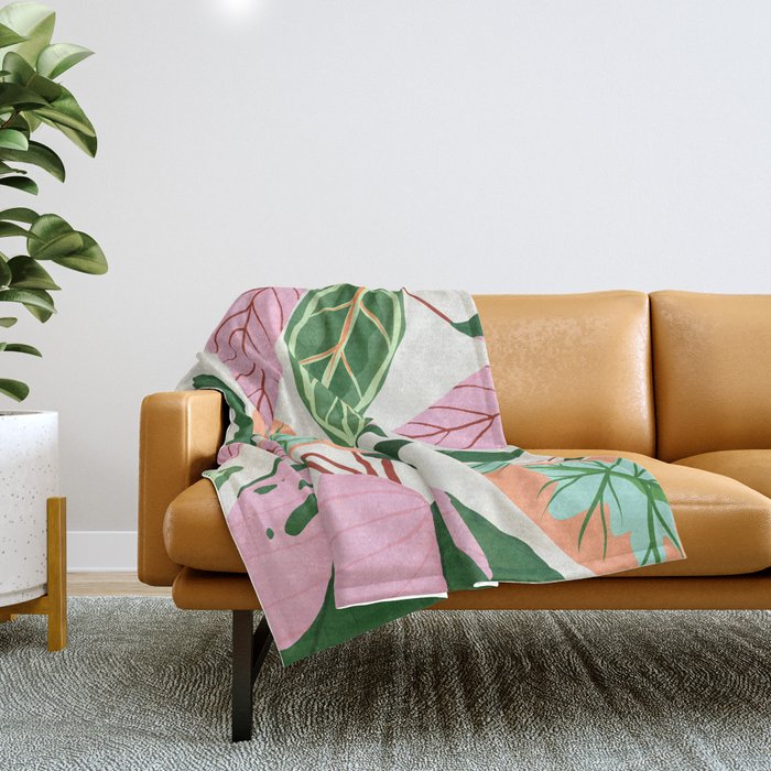 The Inseparable V.01, Nature Botanical Plants, Blush Leaves Modern Boho, Pastel Illustration Garden Throw Blanket Gallery Image 1