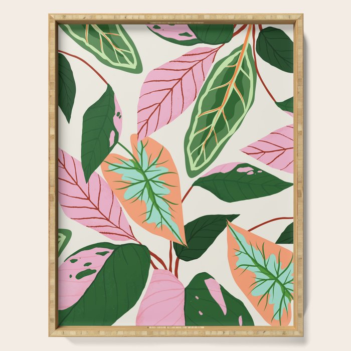 The Inseparable V.01, Nature Botanical Plants, Blush Leaves Modern Boho, Pastel Illustration Garden Serving Tray Gallery Image 1