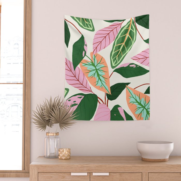 The Inseparable V.01, Nature Botanical Plants, Blush Leaves Modern Boho, Pastel Illustration Garden Wall Tapestry Gallery Image 2