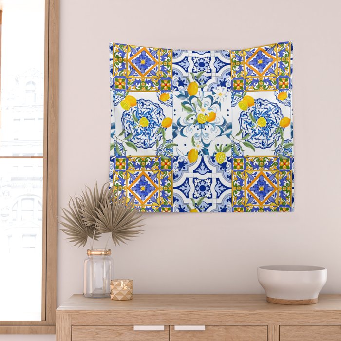Summer, citrus ,Mediterranean style ,flowers,lemon fruit pattern  Wall Tapestry Gallery Image 2