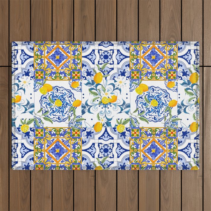 Summer, citrus ,Mediterranean style ,flowers,lemon fruit pattern  Outdoor Rug Gallery Image 1