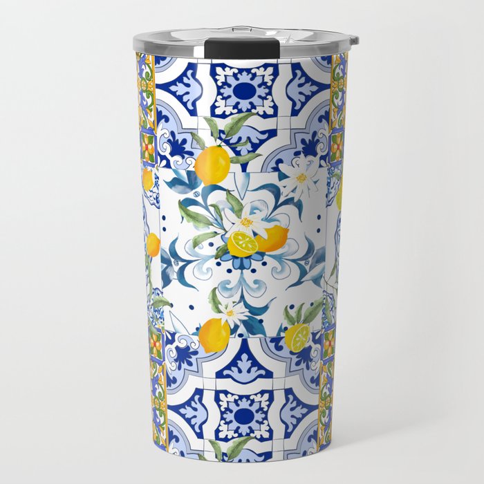 Summer, citrus ,Mediterranean style ,flowers,lemon fruit pattern  Travel Mug Gallery Image 1