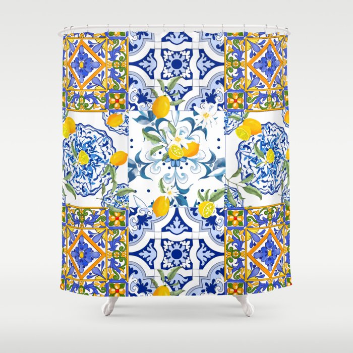 Summer, citrus ,Mediterranean style ,flowers,lemon fruit pattern  Shower Curtain Gallery Image 1
