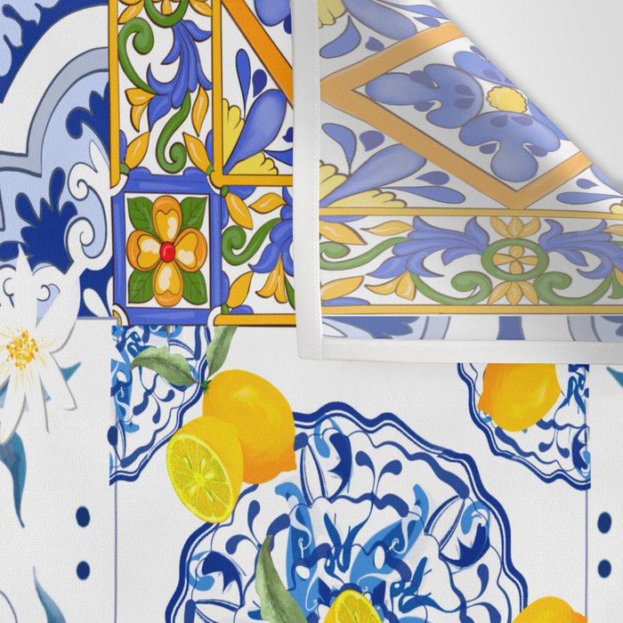 Summer, citrus ,Mediterranean style ,flowers,lemon fruit pattern  Wall Tapestry Gallery Image 3