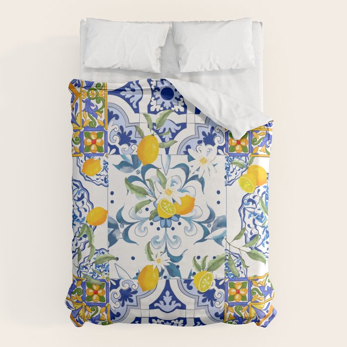 Summer, citrus ,Mediterranean style ,flowers,lemon fruit pattern  Duvet Cover Gallery Image 6