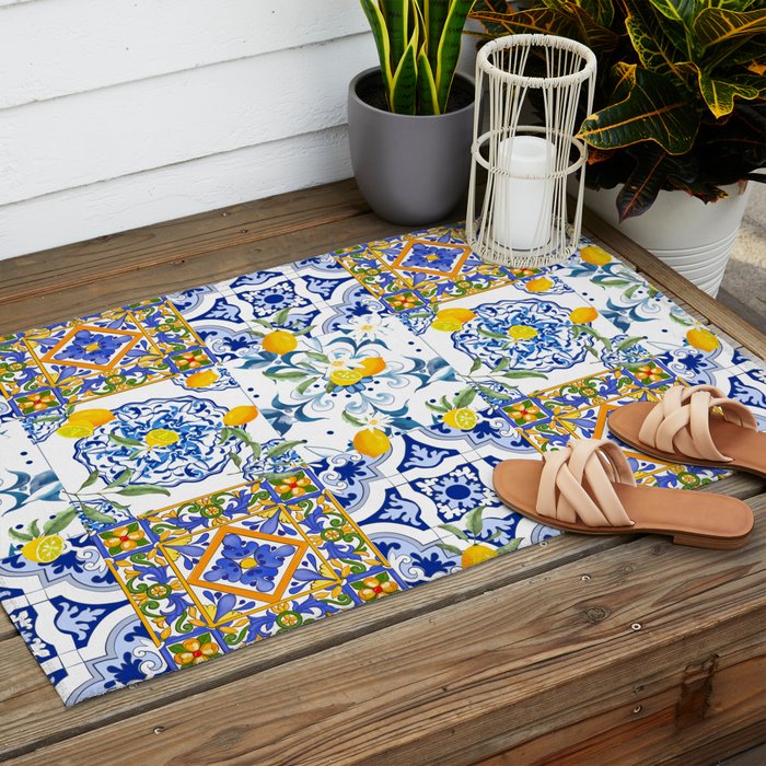 Summer, citrus ,Mediterranean style ,flowers,lemon fruit pattern  Outdoor Rug Gallery Image 2