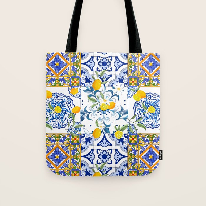 Summer, citrus ,Mediterranean style ,flowers,lemon fruit pattern  Tote Bag Gallery Image 1