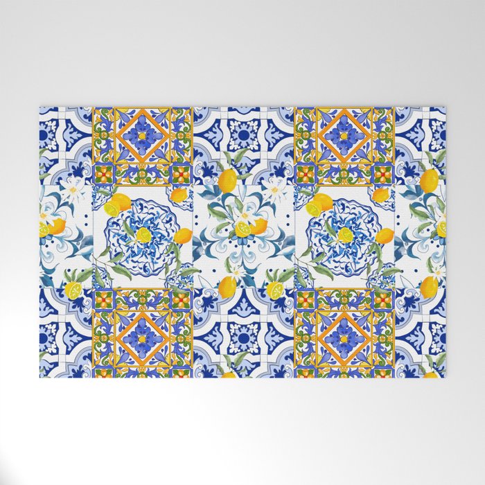 Summer, citrus ,Mediterranean style ,flowers,lemon fruit pattern  Welcome Mat Gallery Image 1