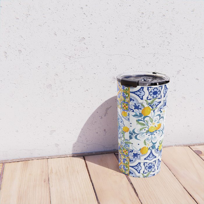 Summer, citrus ,Mediterranean style ,flowers,lemon fruit pattern  Travel Mug Gallery Image 4
