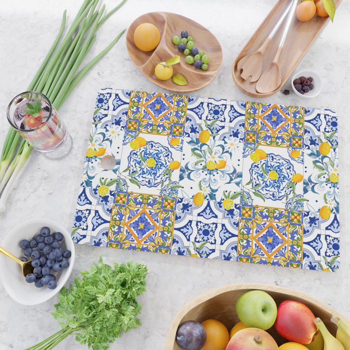 Summer, citrus ,Mediterranean style ,flowers,lemon fruit pattern  Cutting Board Gallery Image 2