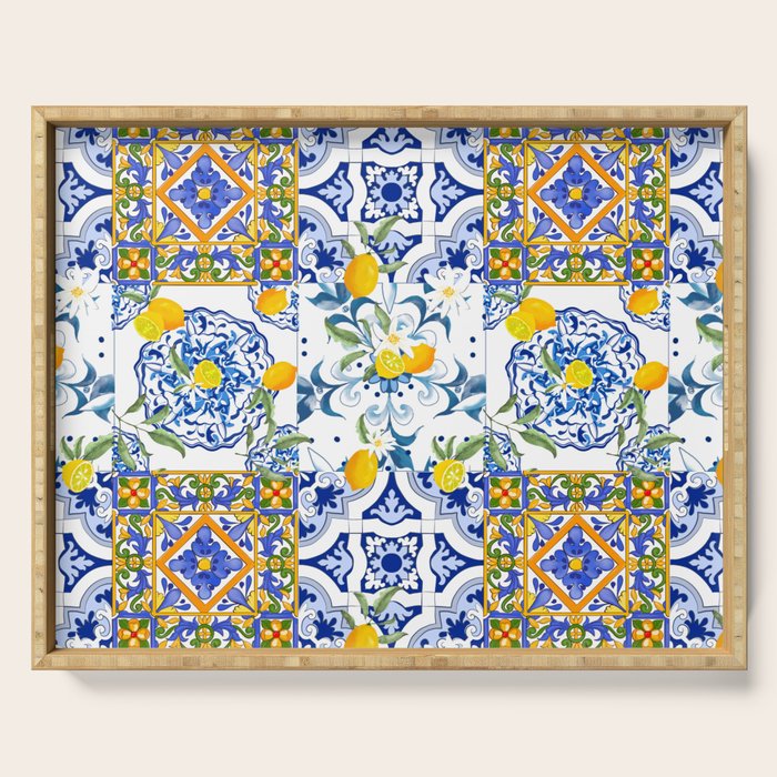 Summer, citrus ,Mediterranean style ,flowers,lemon fruit pattern  Serving Tray Gallery Image 1