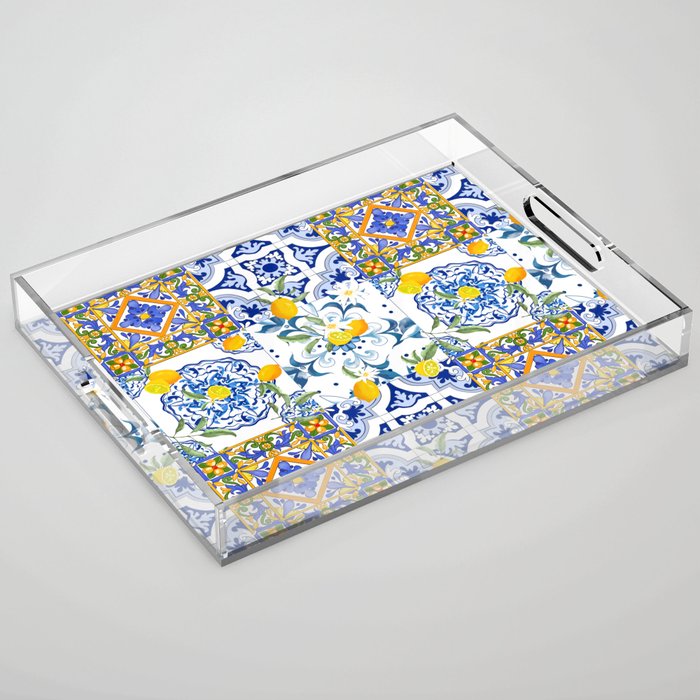 Summer, citrus ,Mediterranean style ,flowers,lemon fruit pattern  Acrylic Tray Gallery Image 1