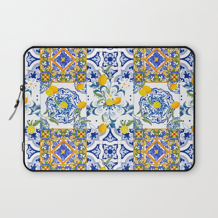 Summer, citrus ,Mediterranean style ,flowers,lemon fruit pattern  Laptop Sleeve Gallery Image 1