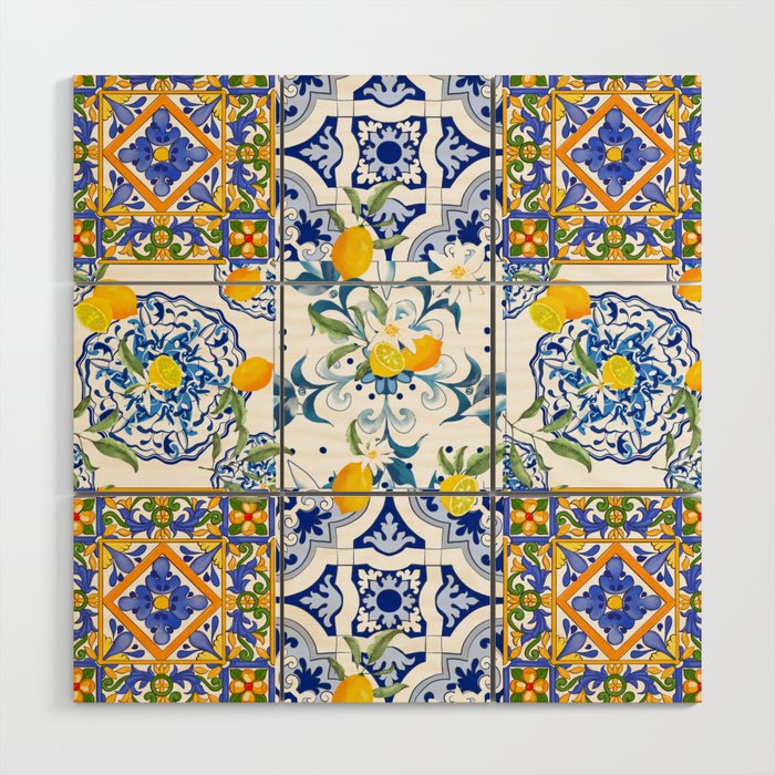 Summer, citrus ,Mediterranean style ,flowers,lemon fruit pattern  Wood Wall Art Gallery Image 1