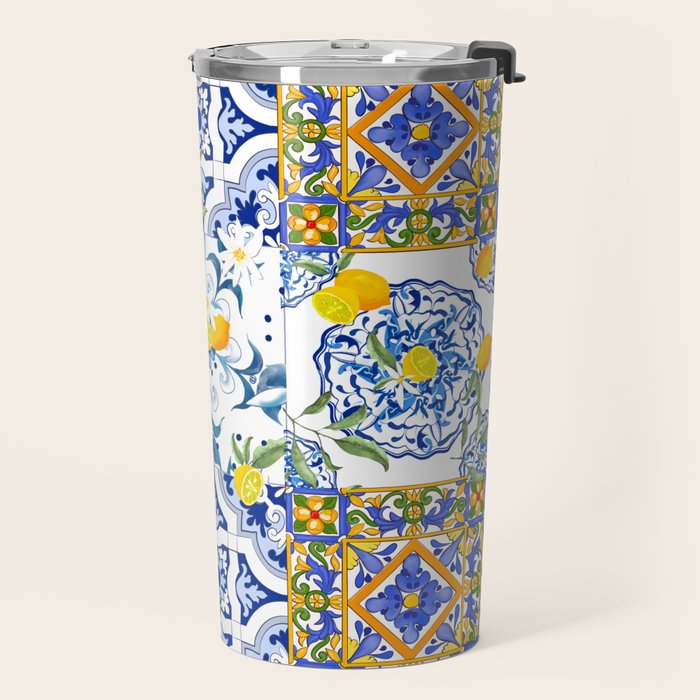 Summer, citrus ,Mediterranean style ,flowers,lemon fruit pattern  Travel Mug Gallery Image 2