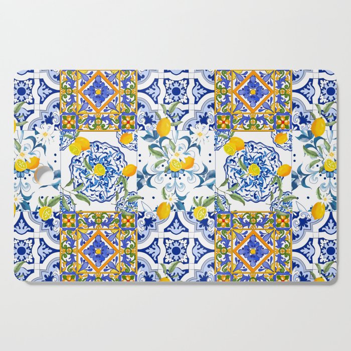 Summer, citrus ,Mediterranean style ,flowers,lemon fruit pattern  Cutting Board Gallery Image 1