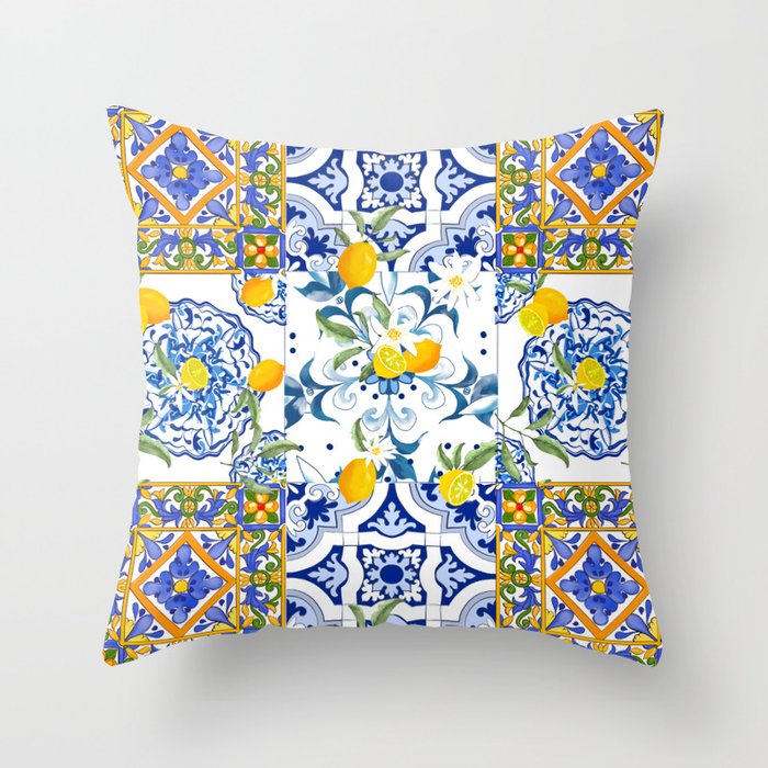 Summer, citrus ,Mediterranean style ,flowers,lemon fruit pattern  Throw Pillow Gallery Image 6
