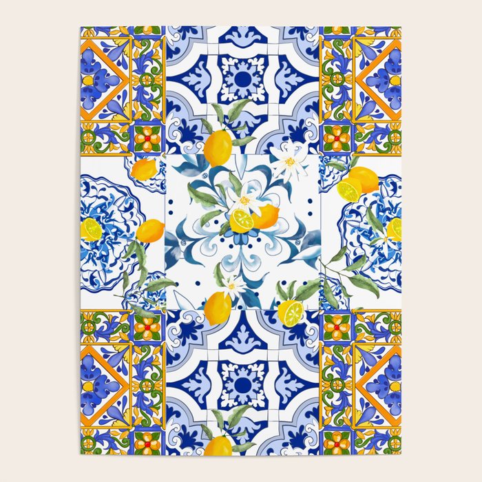 Summer, citrus ,Mediterranean style ,flowers,lemon fruit pattern  Poster Gallery Image 4