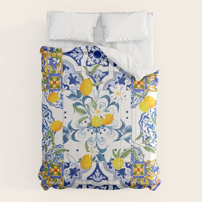 Summer, citrus ,Mediterranean style ,flowers,lemon fruit pattern  Comforter Gallery Image 6