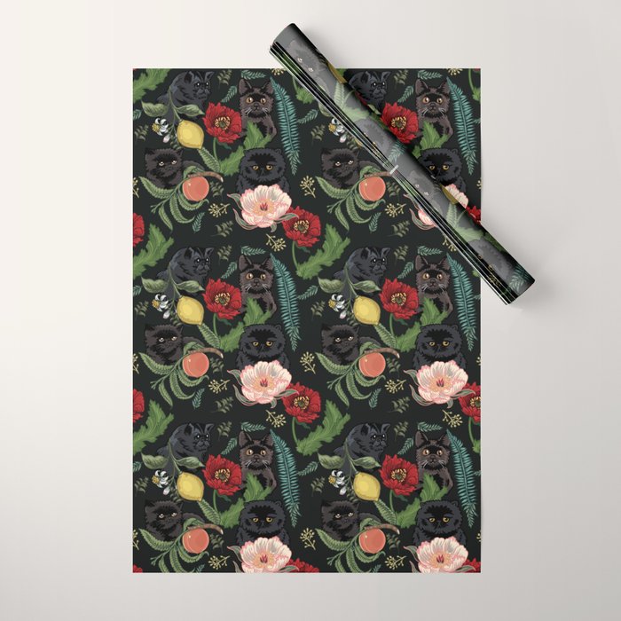 Botanical and Black Cats Wrapping Paper Gallery Image 1