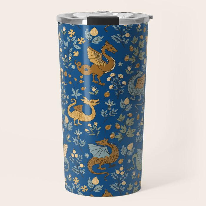 Dragons and Flowers on Classic Blue Travel Mug Gallery Image 1