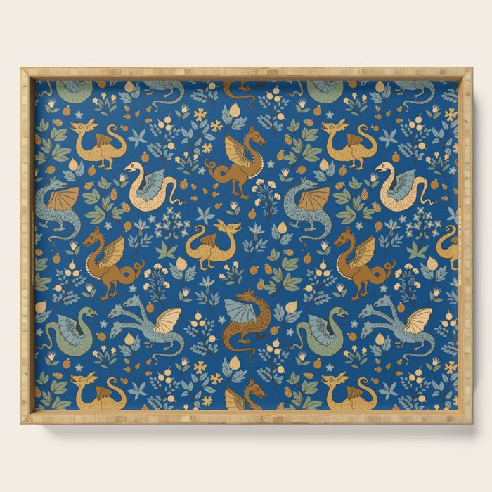 Dragons and Flowers on Classic Blue Serving Tray Gallery Image 1