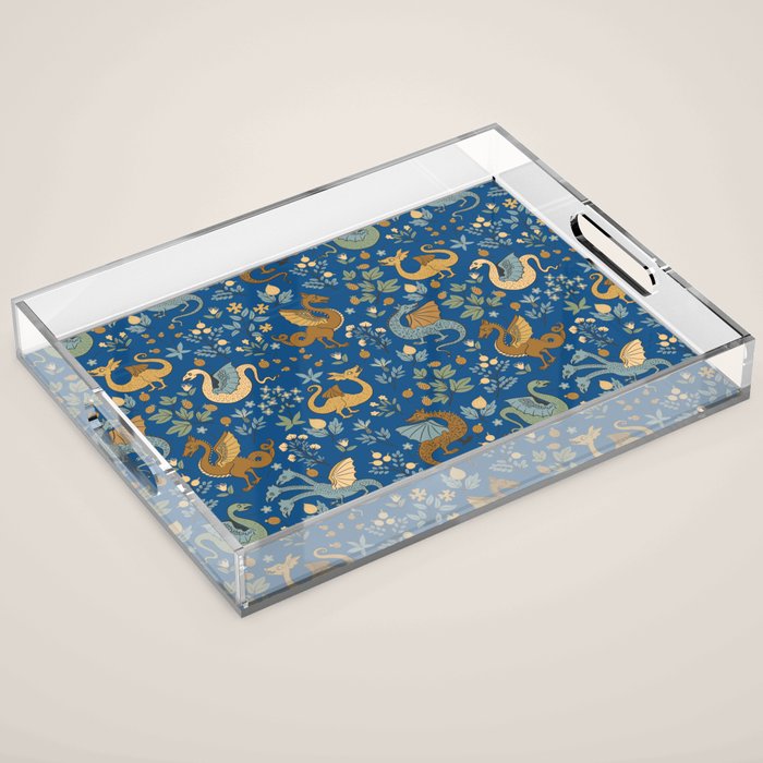Dragons and Flowers on Classic Blue Acrylic Tray Gallery Image 1