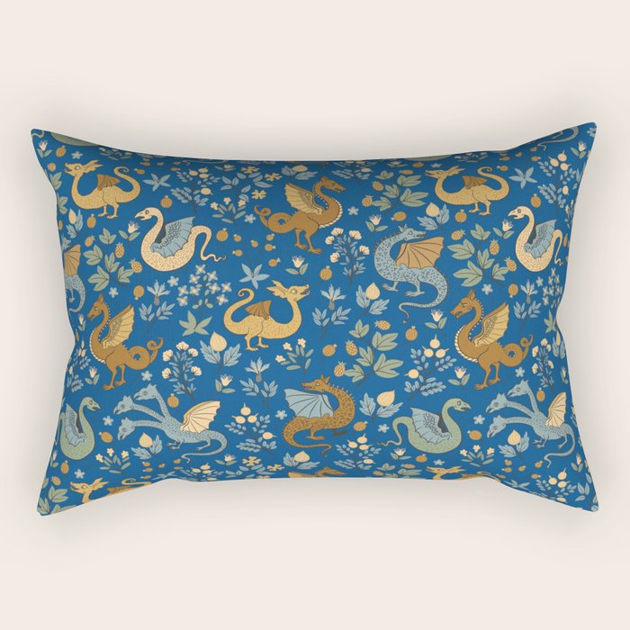 Dragons and Flowers on Classic Blue Rectangular Pillow Gallery Image 2