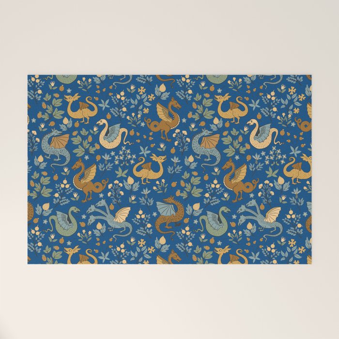Dragons and Flowers on Classic Blue Welcome Mat Gallery Image 1